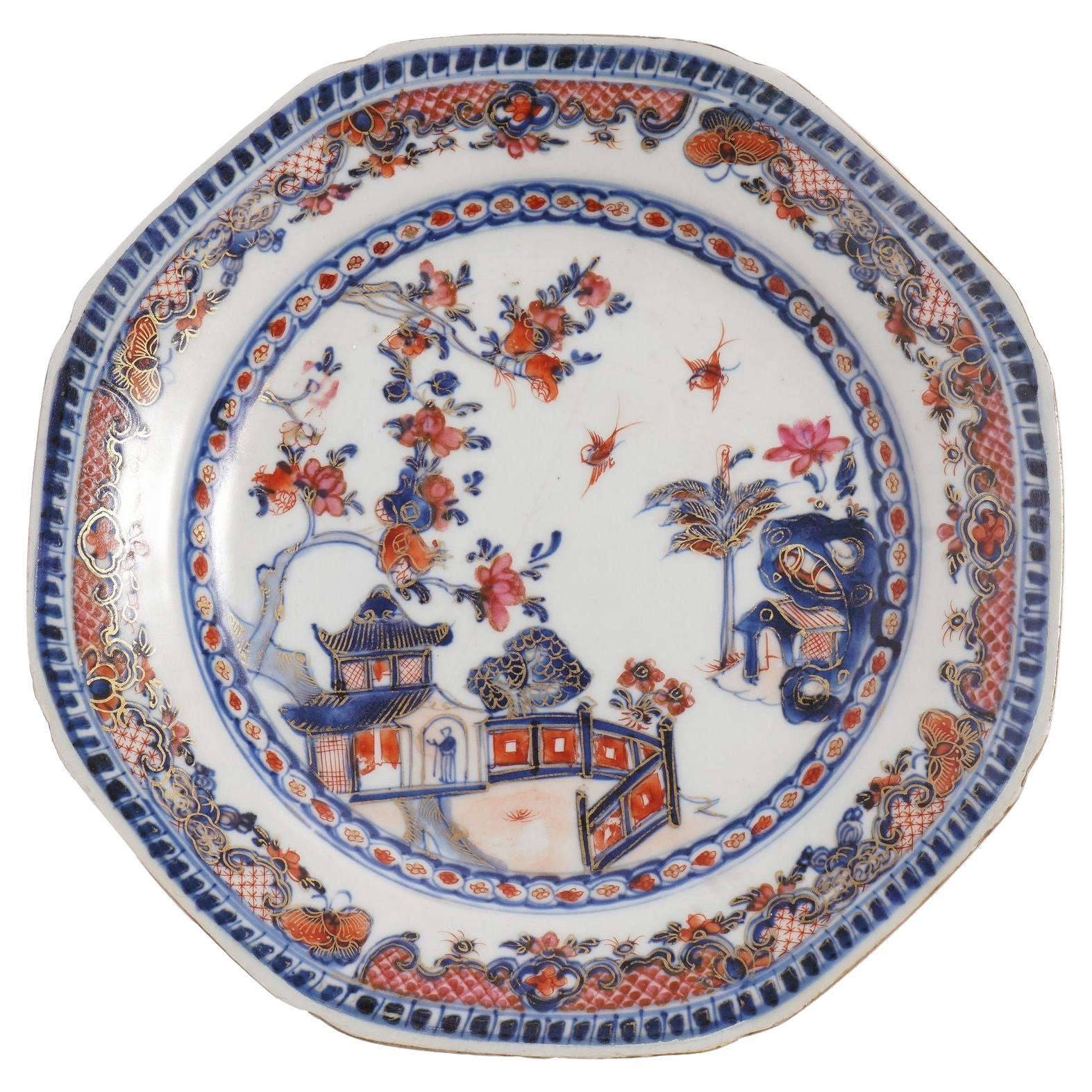 Chinese octagonal Imari export plate, c. 1740-60 For Sale