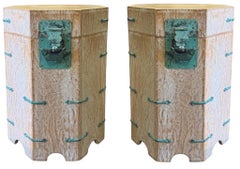 Chinese Octagonal White Washed Side Tables W/ Verdigris Hardware - Pair