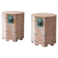 Chinese Octagonal White Washed Side Tables W/ Verdigris Hardware - Pair
