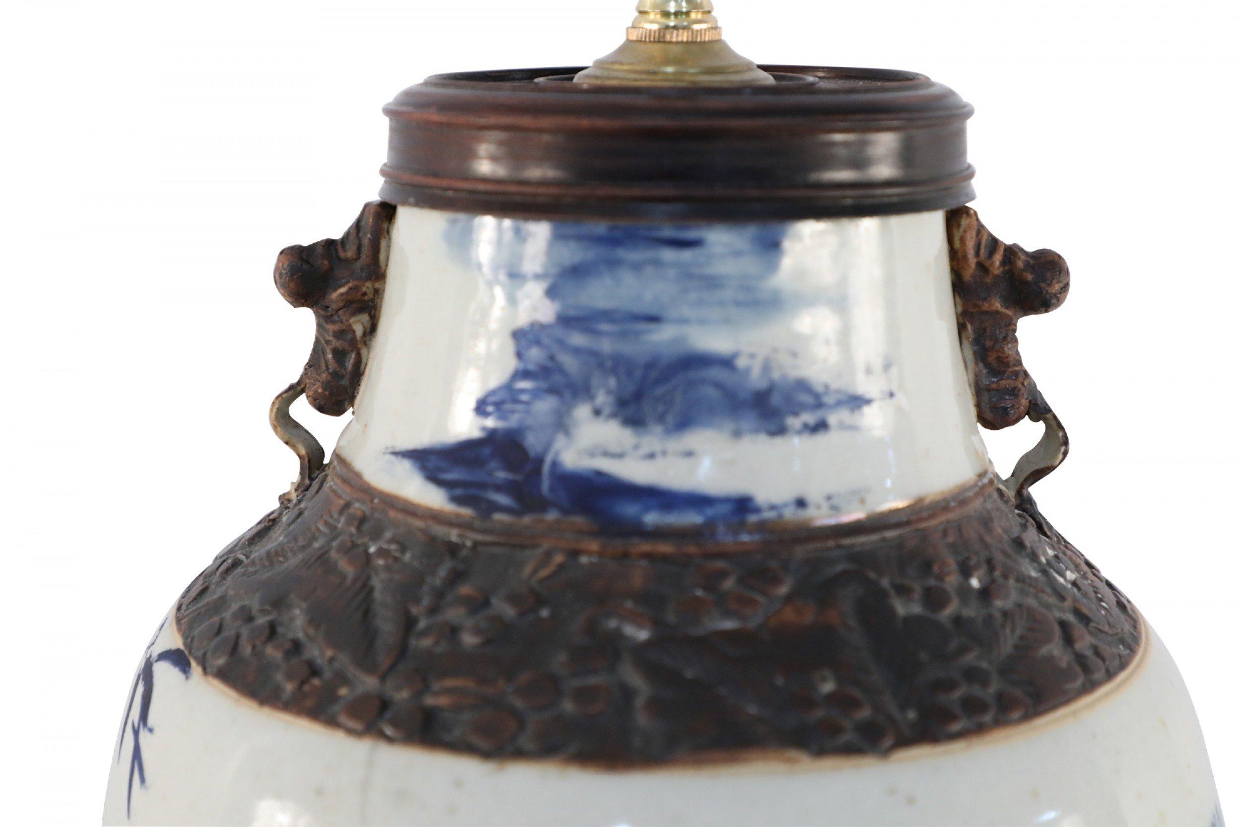 Chinese Off-White and Blue Figurative Scene Stoneware Table Lamp For Sale 4