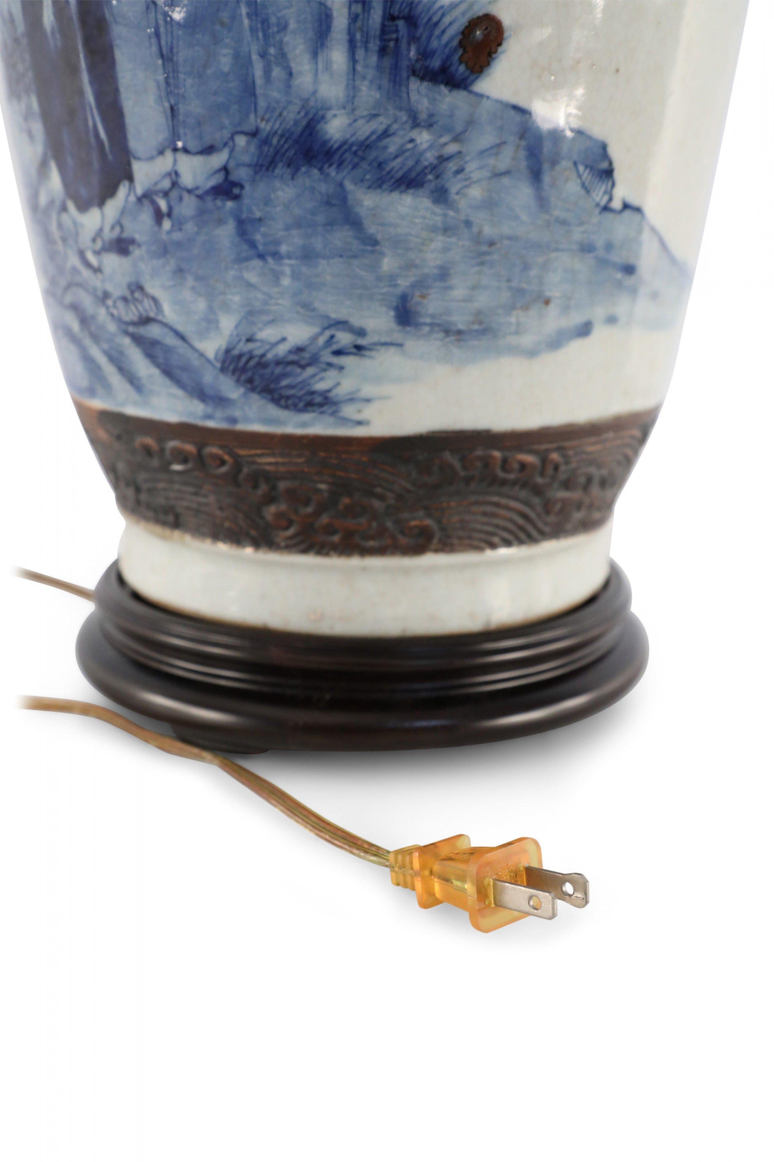 Chinese Off-White and Blue Figurative Scene Stoneware Table Lamp For Sale 5