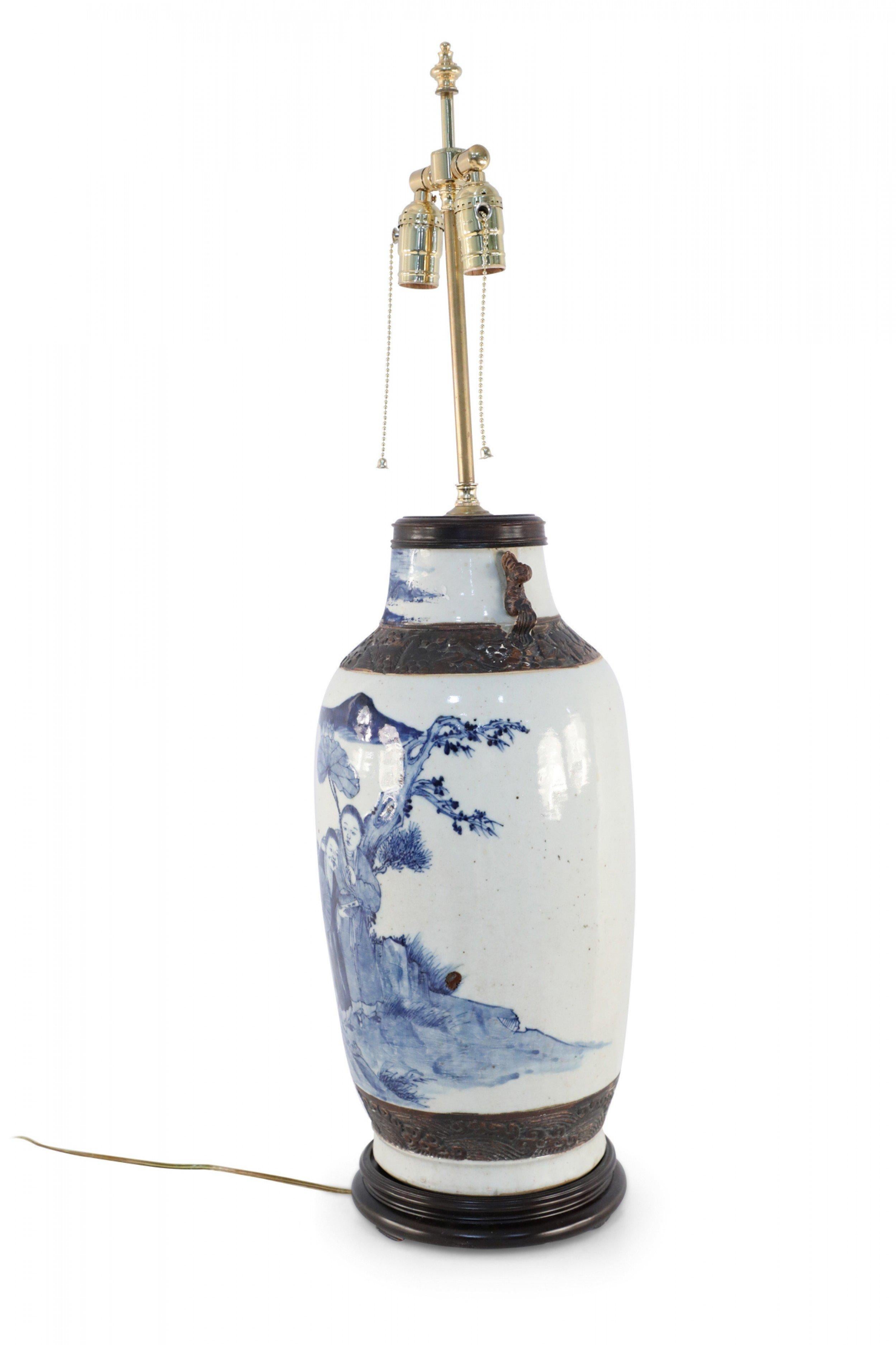 Ceramic Chinese Off-White and Blue Figurative Scene Stoneware Table Lamp For Sale