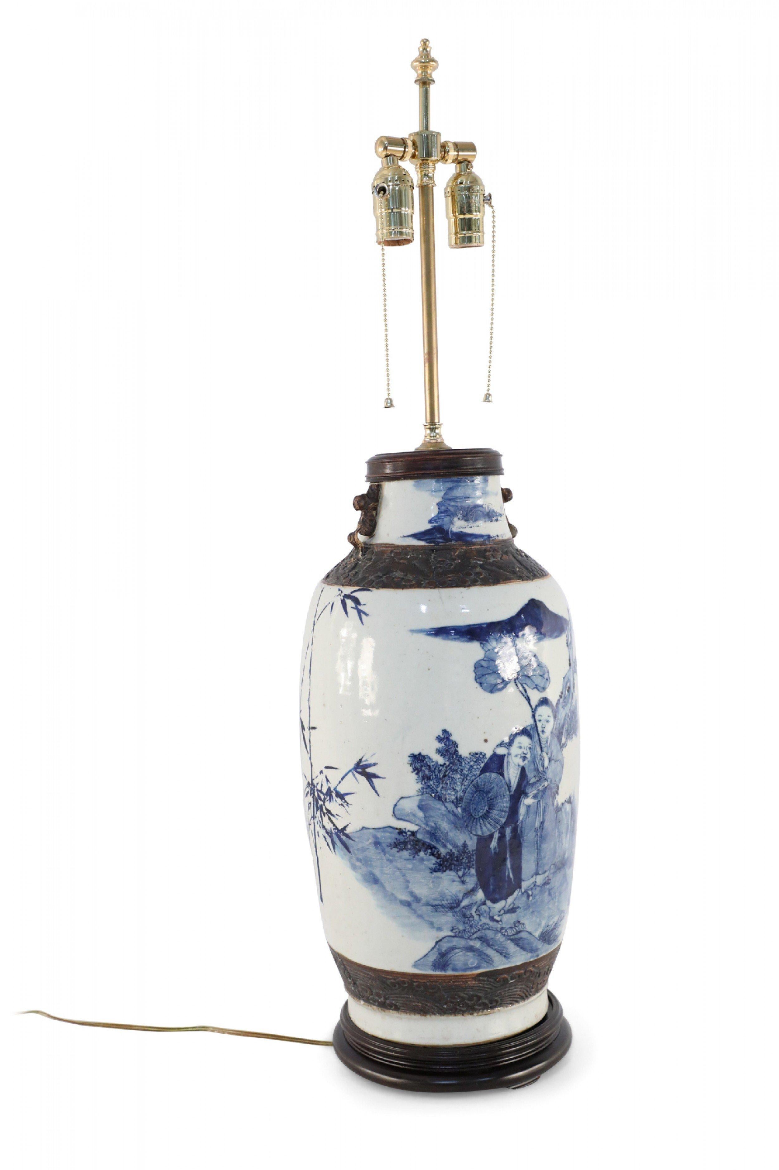 Chinese Off-White and Blue Figurative Scene Stoneware Table Lamp For Sale 1