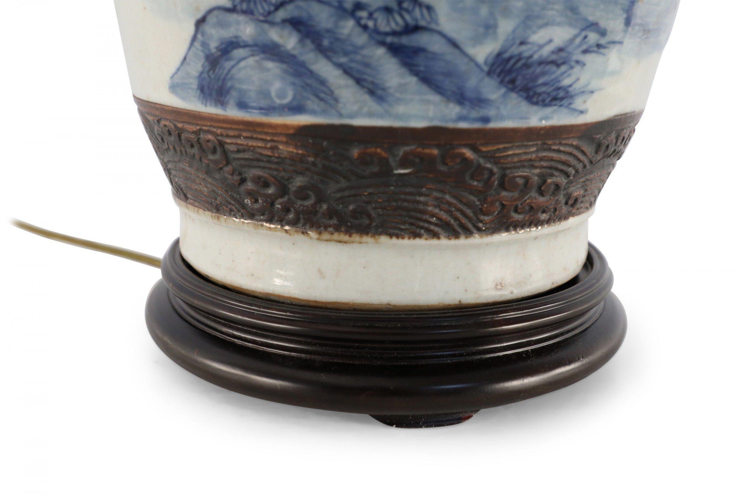 Chinese Off-White and Blue Figurative Scene Stoneware Table Lamp For Sale 3
