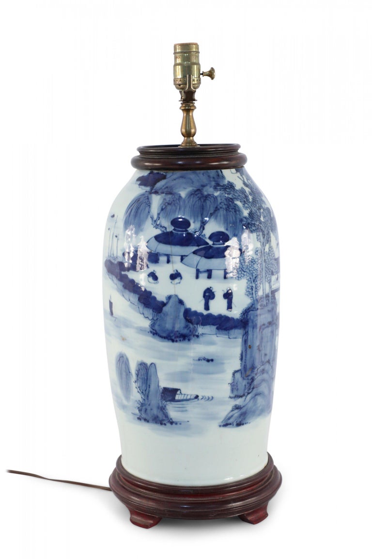 Chinese Off-White and Blue Village Scene Porcelain Table Lamp For Sale 5
