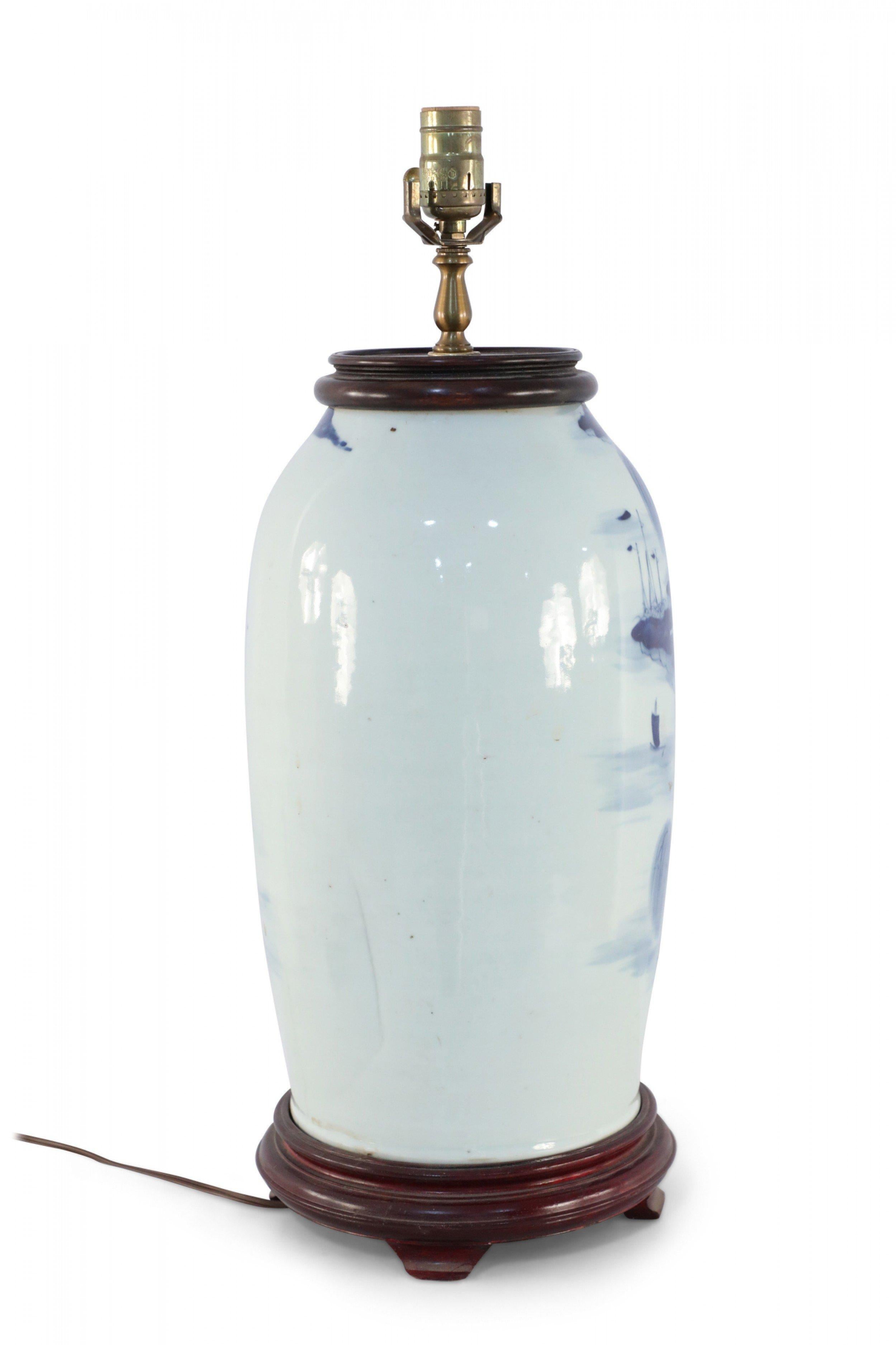 Chinese Export Chinese Off-White and Blue Village Scene Porcelain Table Lamp