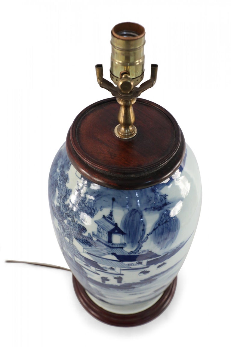 Chinese Off-White and Blue Village Scene Porcelain Table Lamp For Sale 2