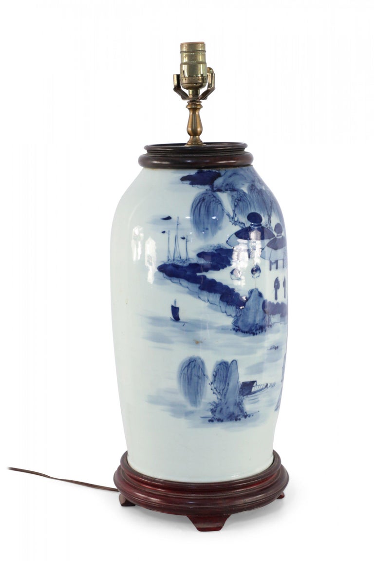 Chinese Off-White and Blue Village Scene Porcelain Table Lamp For Sale 3