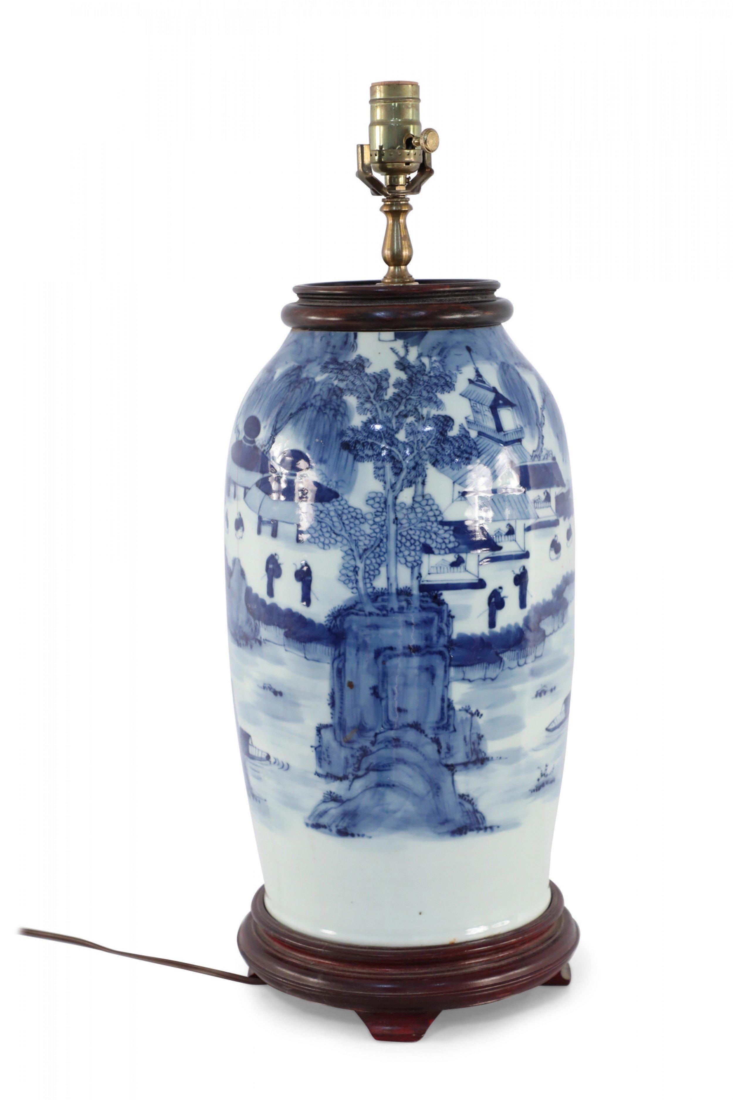 Chinese Off-White and Blue Village Scene Porcelain Table Lamp 4