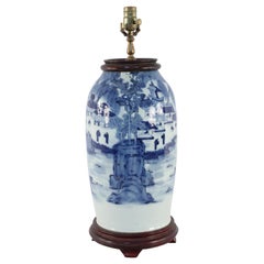 Chinese Off-White and Blue Village Scene Porcelain Table Lamp