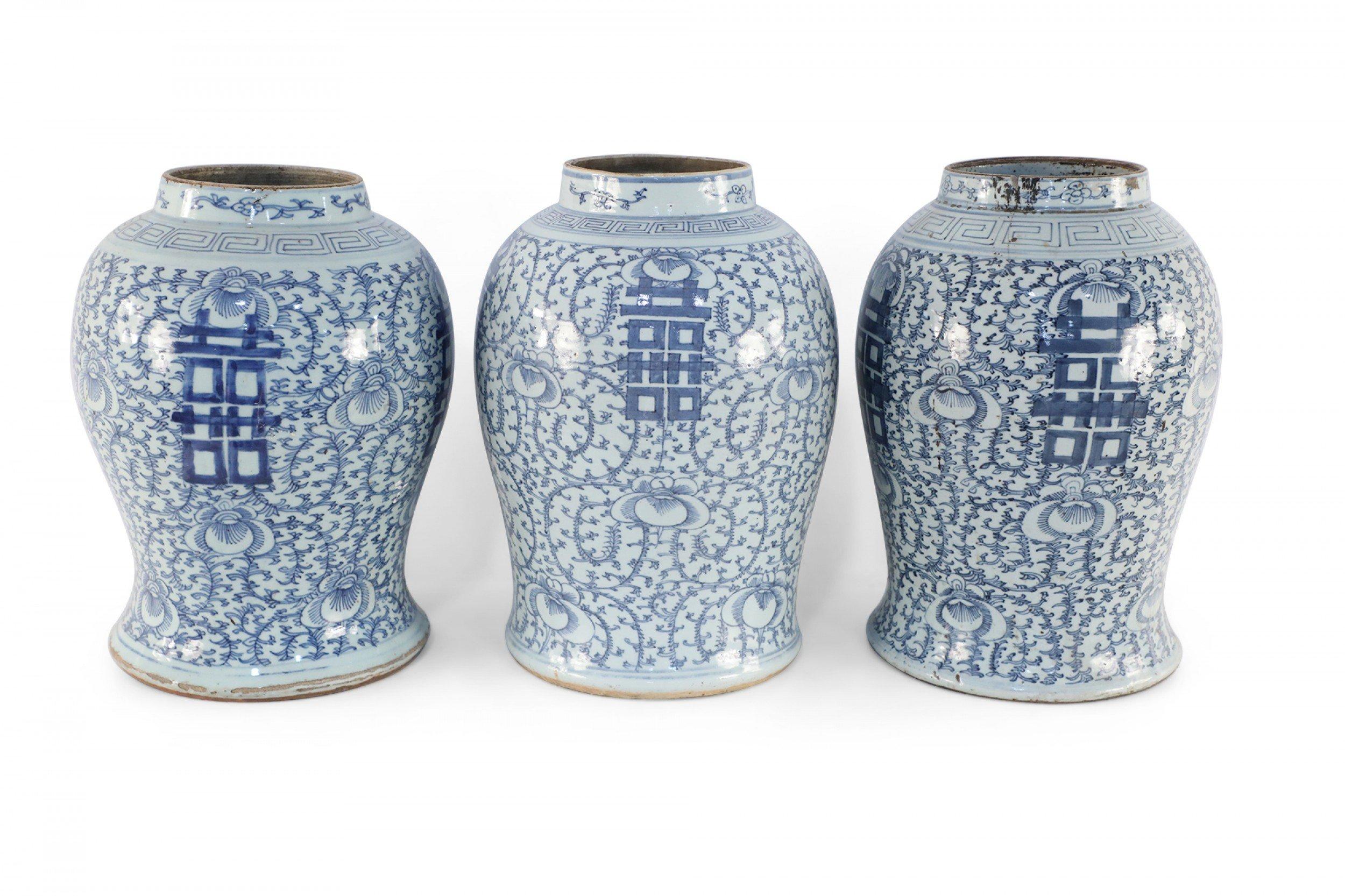 Chinese Off-White and Blue Vine Character Porcelain Urn Vases In Good Condition For Sale In New York, NY
