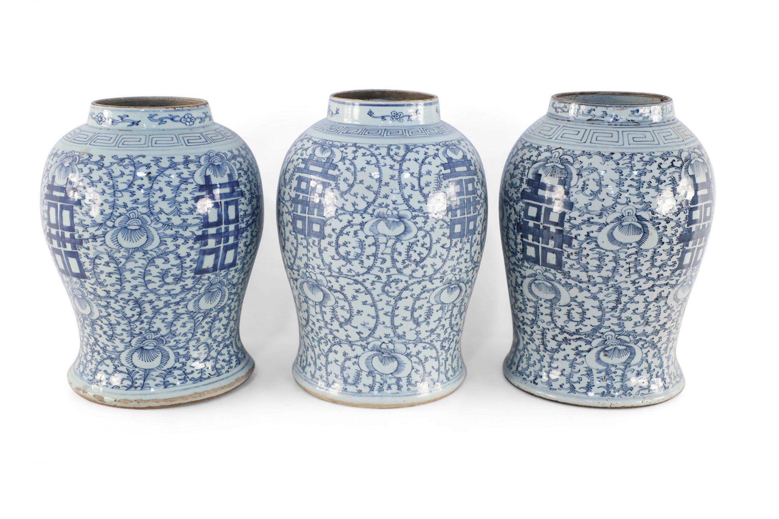 20th Century Chinese Off-White and Blue Vine Character Porcelain Urn Vases For Sale