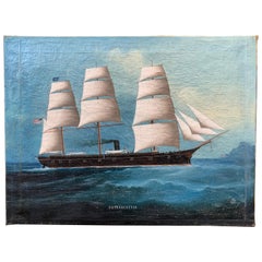 Chinese Oil Painting of American Navy Ship, USS Lancaster, 19th Century