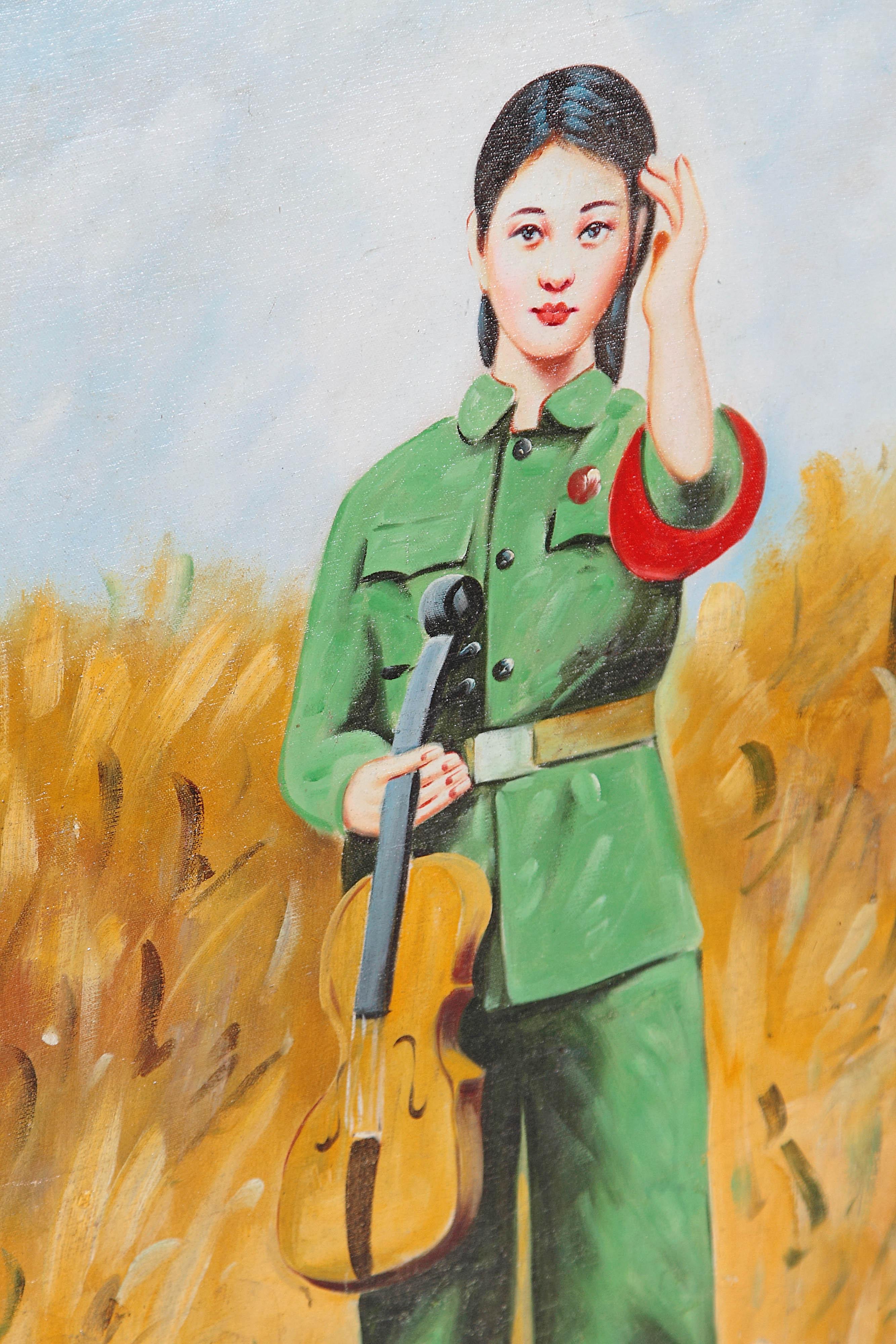 Chinese Oil Painting of Revolutionary Girl with Violin 3