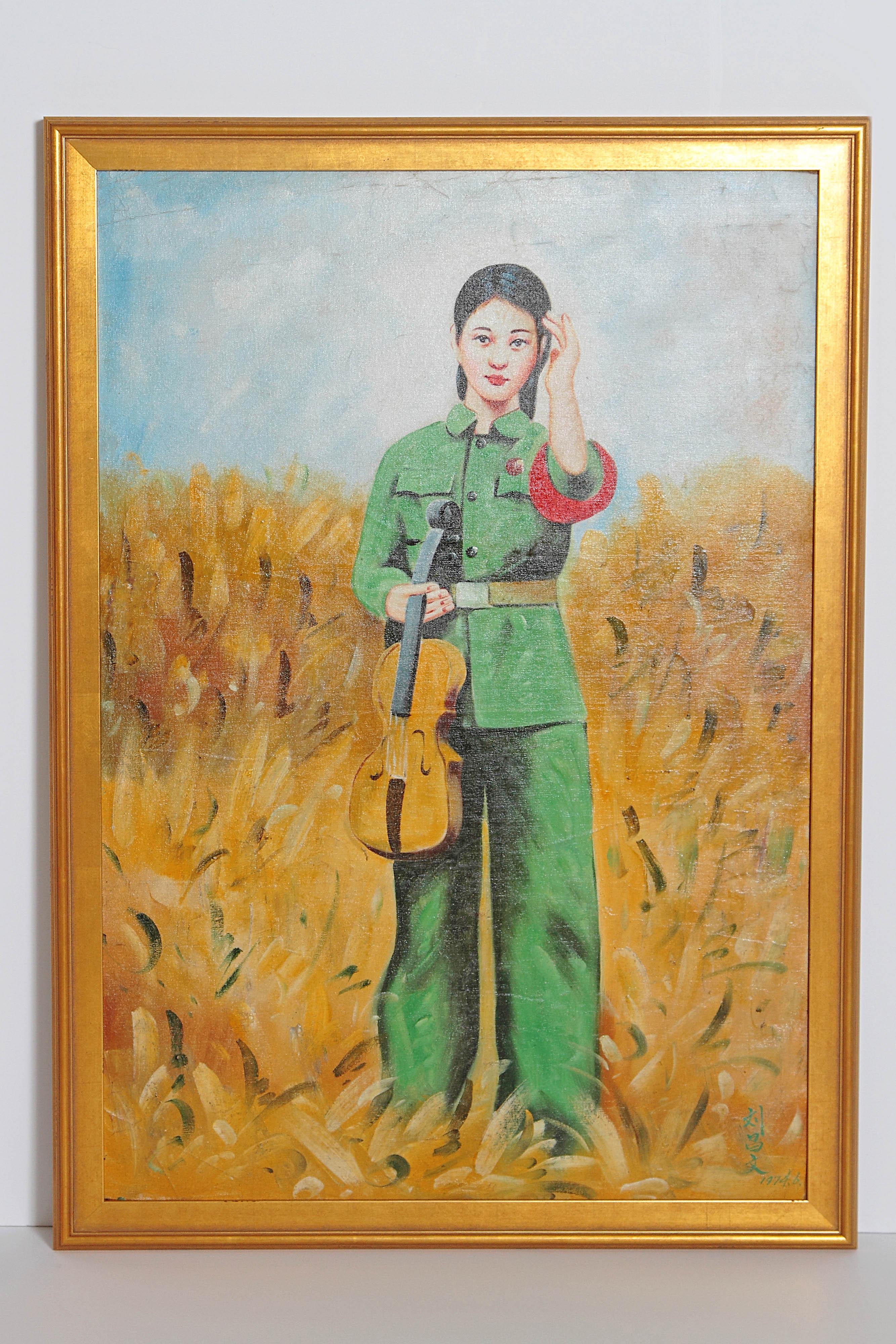 Modern Chinese Oil Painting of Revolutionary Girl with Violin