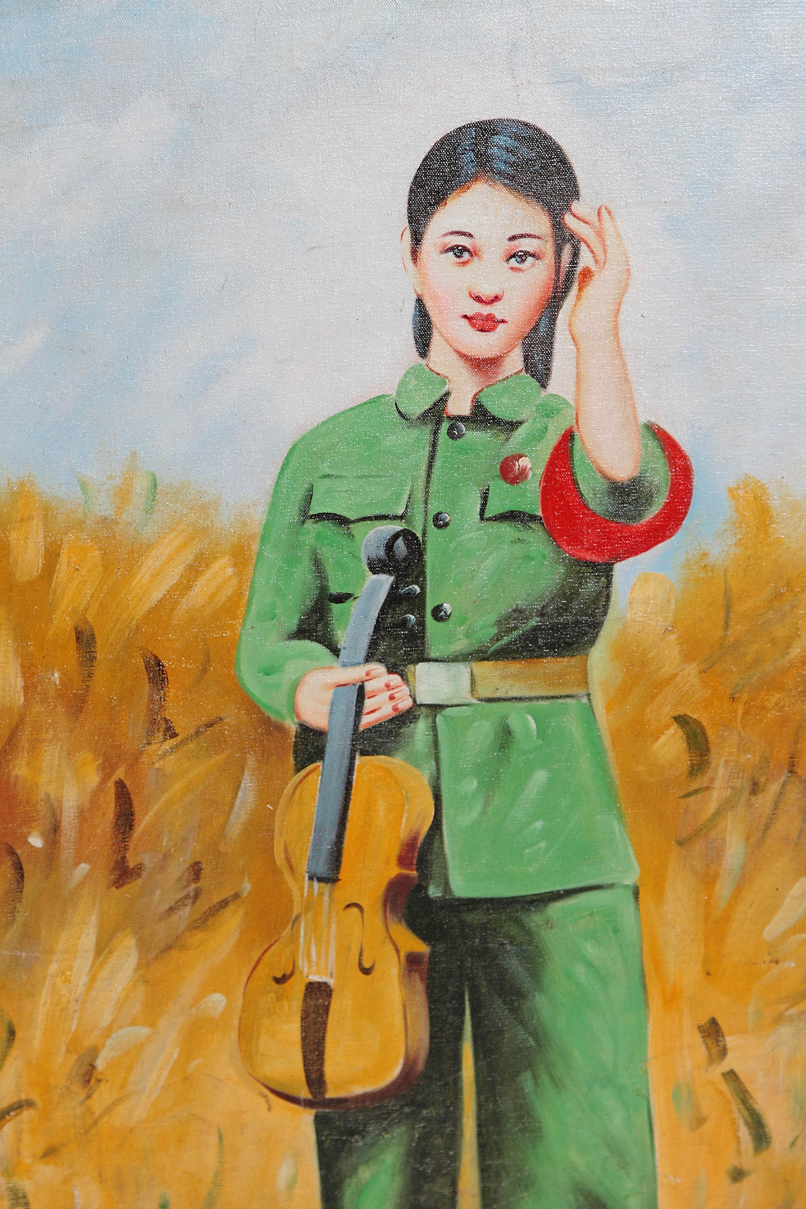 Hand-Painted Chinese Oil Painting of Revolutionary Girl with Violin