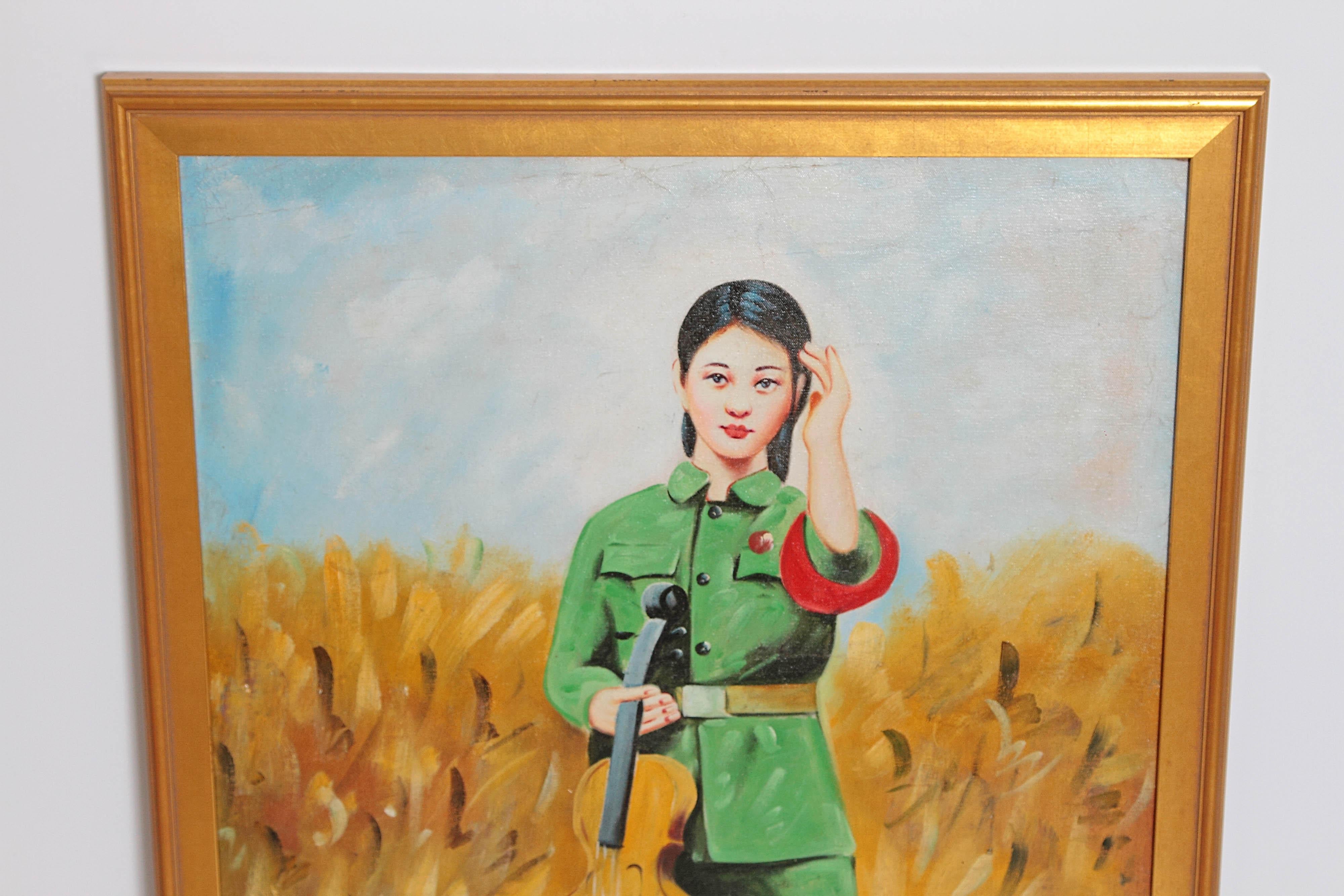 20th Century Chinese Oil Painting of Revolutionary Girl with Violin