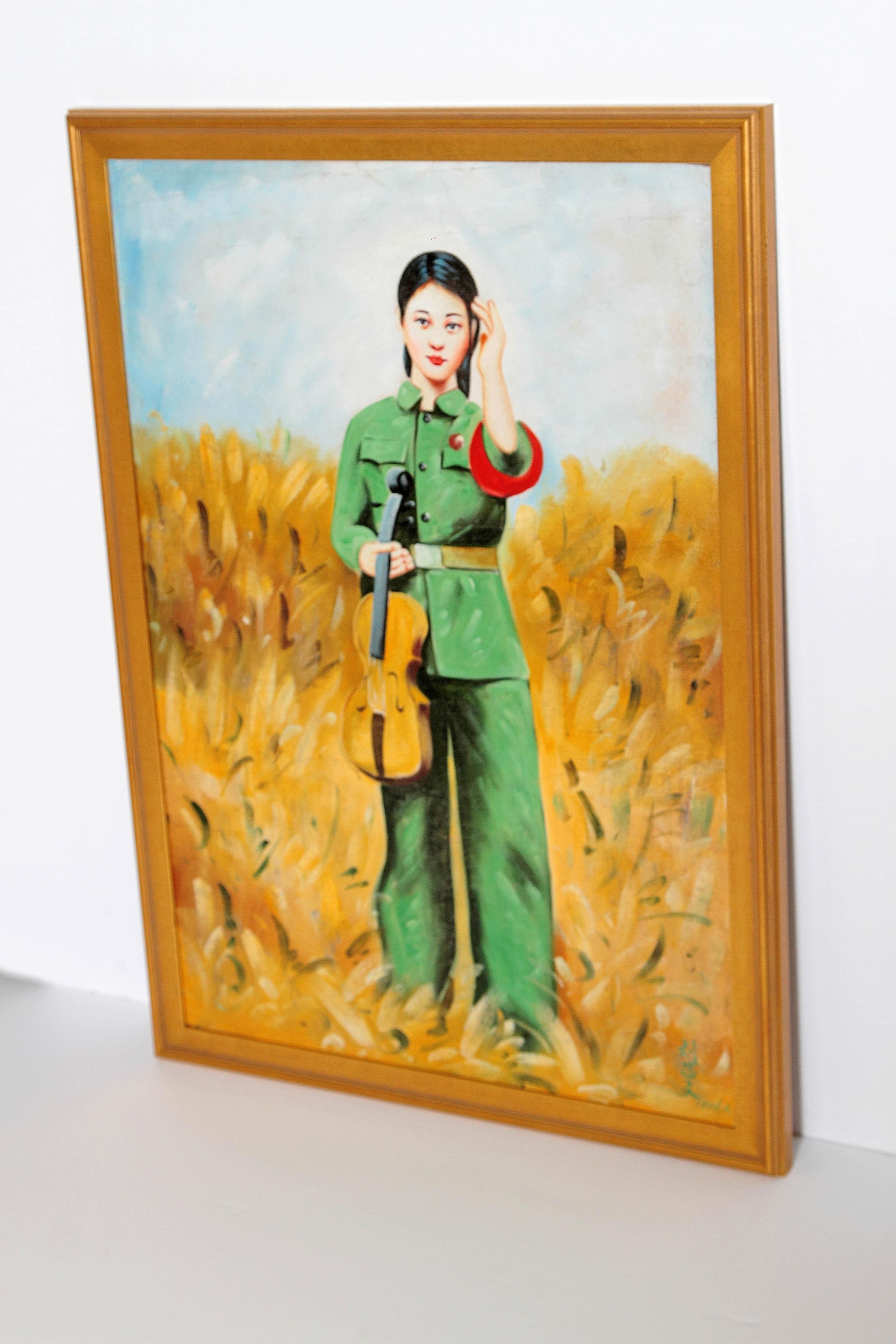 Chinese Oil Painting of Revolutionary Girl with Violin 1