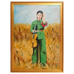 Chinese Oil Painting of Revolutionary Girl with Violin