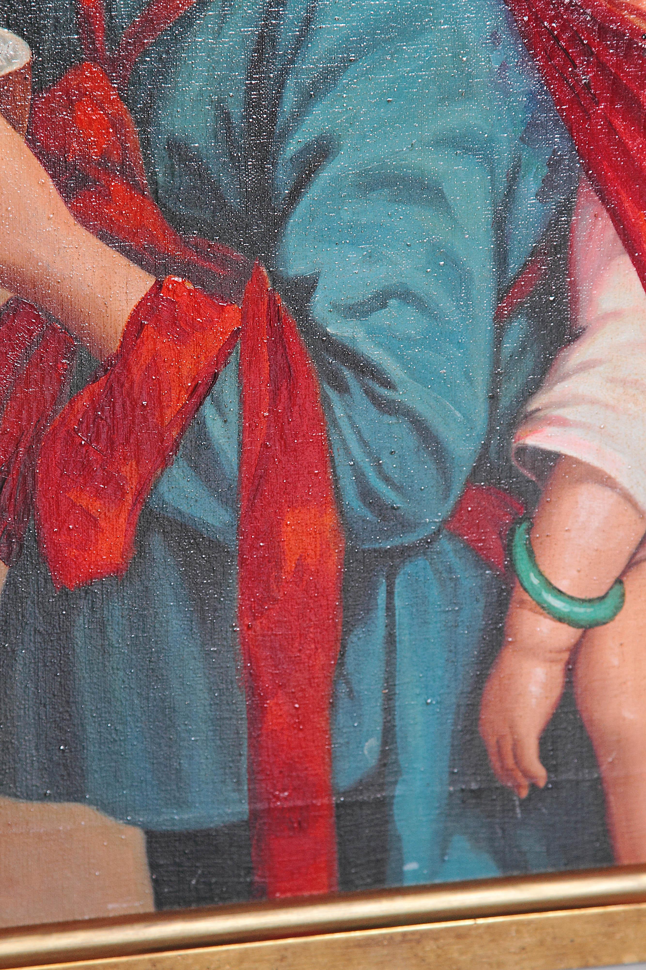 Canvas Chinese Oil Painting of Young Girl Carrying Baby
