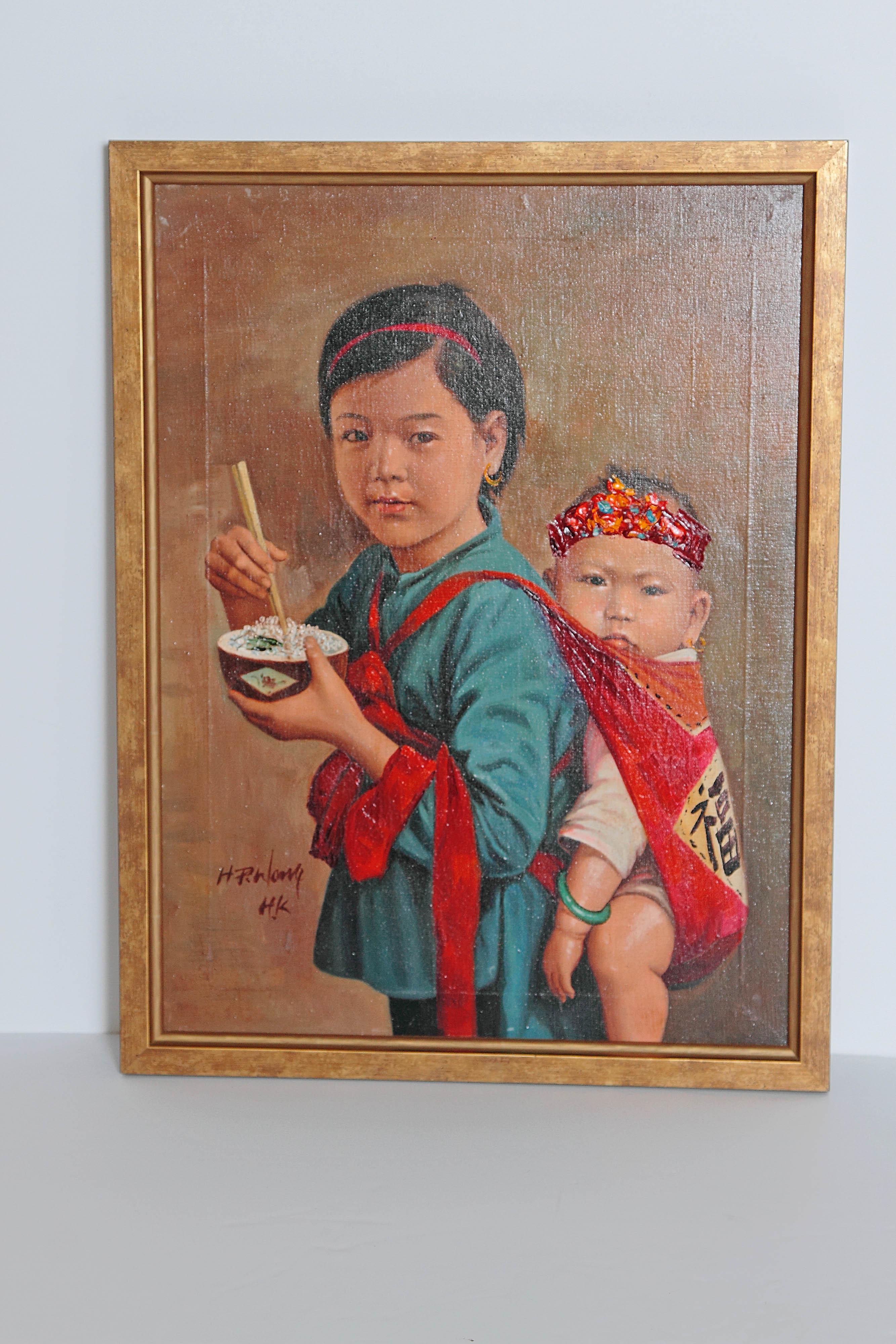 A realistically poised framed oil on canvas of Chinese girl eating rice with her baby sister on her back.