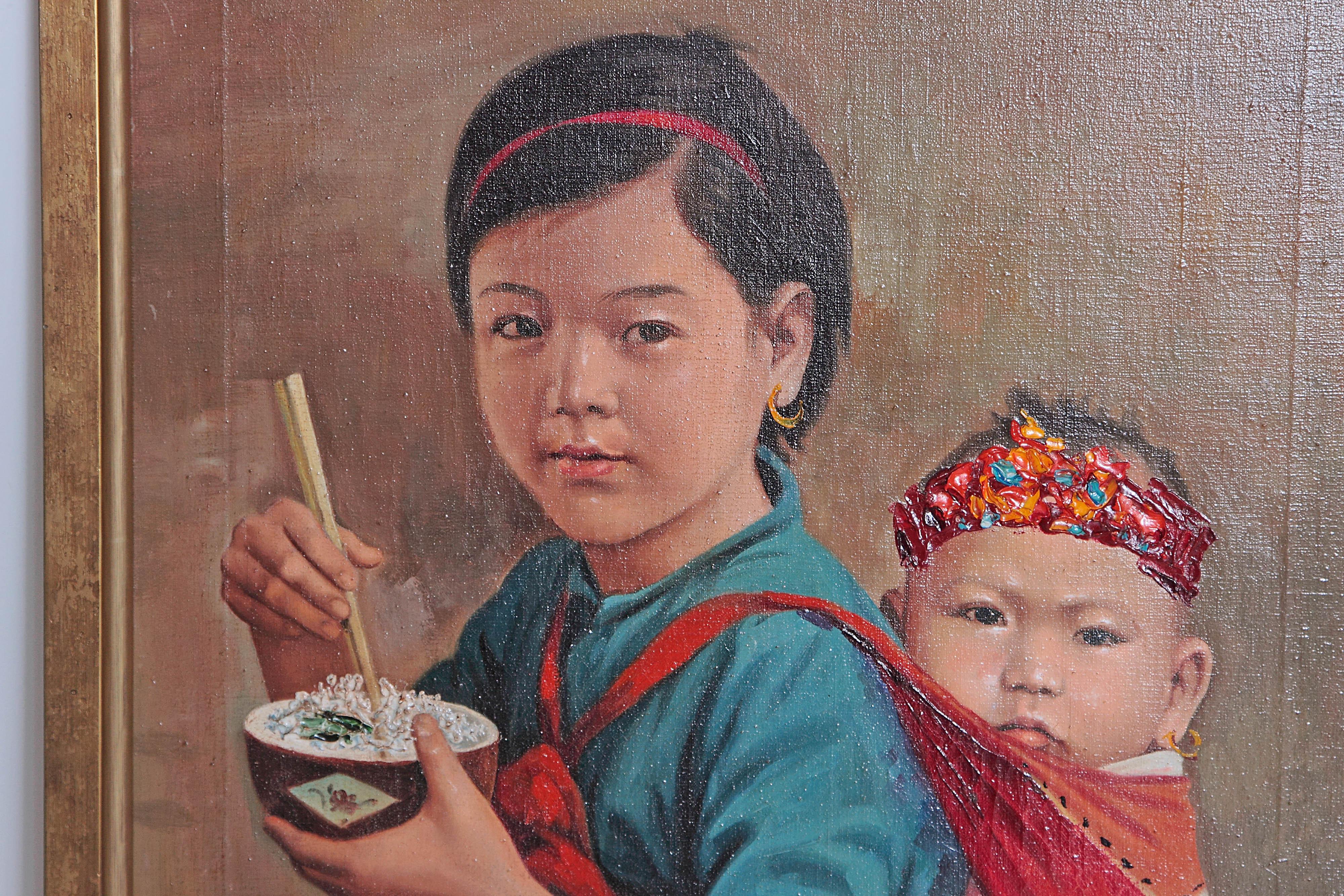 Hand-Painted Chinese Oil Painting of Young Girl Carrying Baby