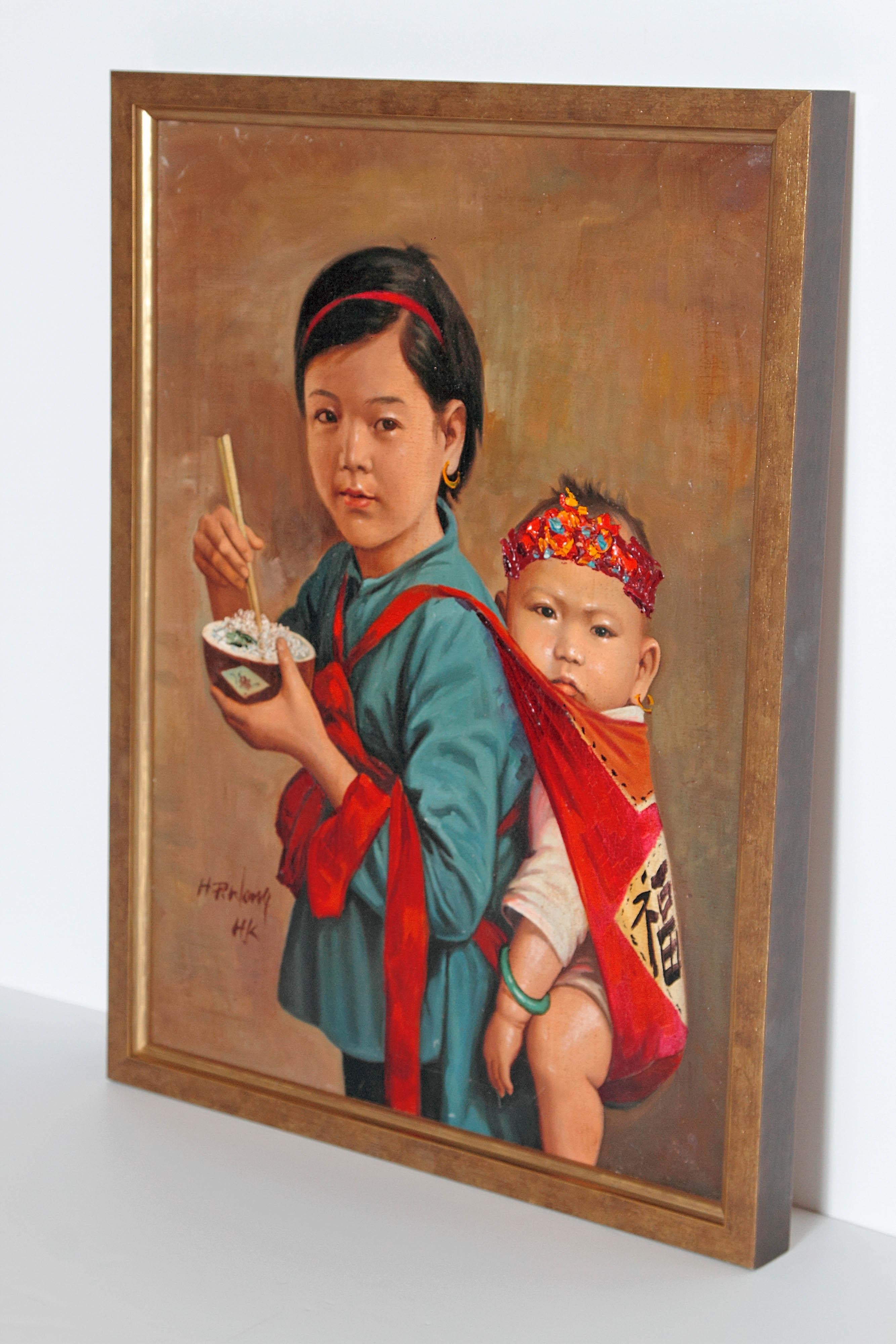 Chinese Oil Painting of Young Girl Carrying Baby In Good Condition In Dallas, TX