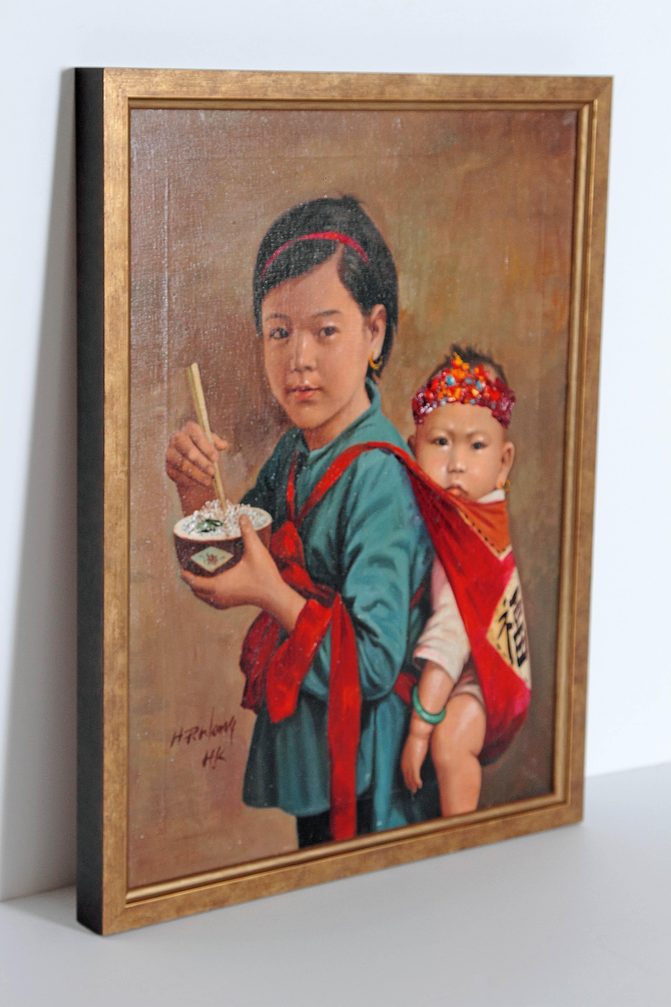 20th Century Chinese Oil Painting of Young Girl Carrying Baby