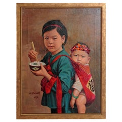 Vintage Chinese Oil Painting of Young Girl Carrying Baby