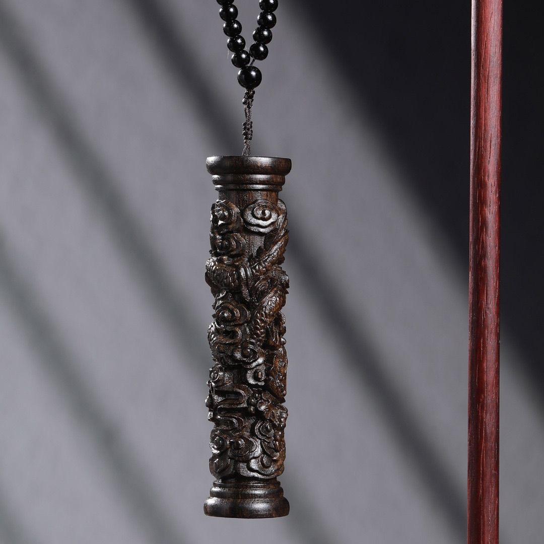 20th Century Chinese Old Agarwood Carving Dragon Pillar Pendant For Sale