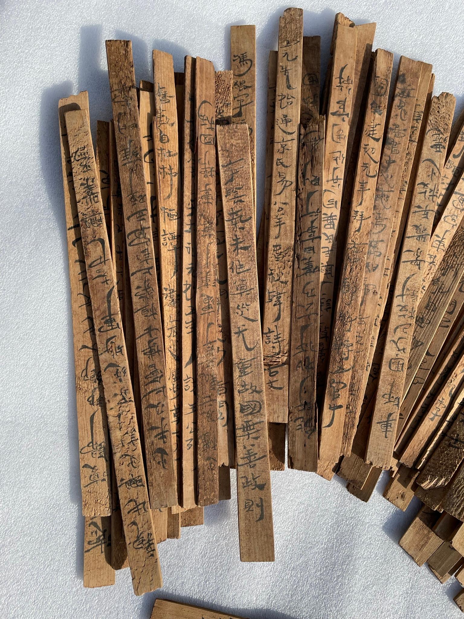 Hand-Painted Chinese Old Bamboo Slips with Calligraphy Jiandu, 59 Piece Collection