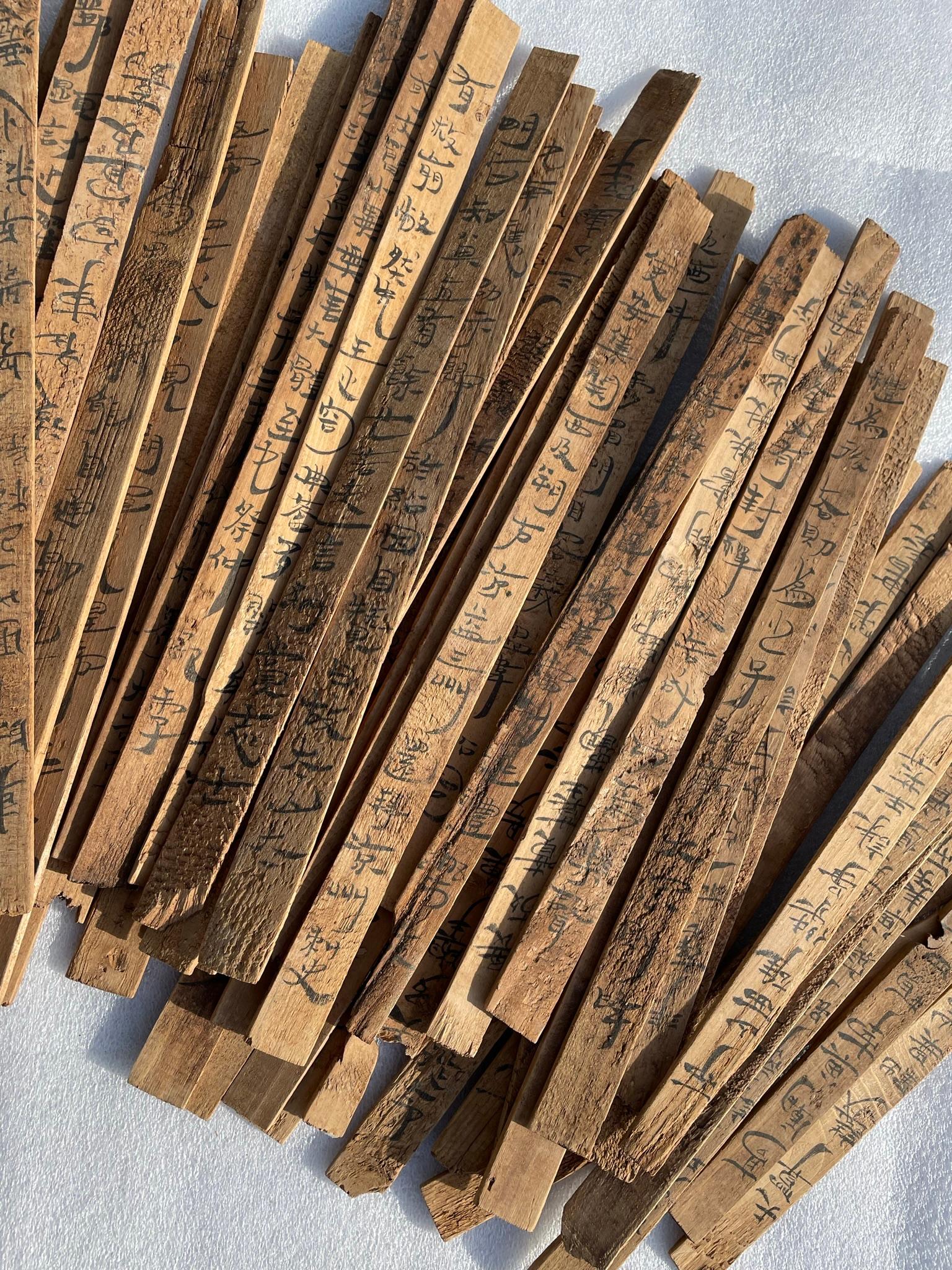 Wood Chinese Old Bamboo Slips with Calligraphy Jiandu, 59 Piece Collection