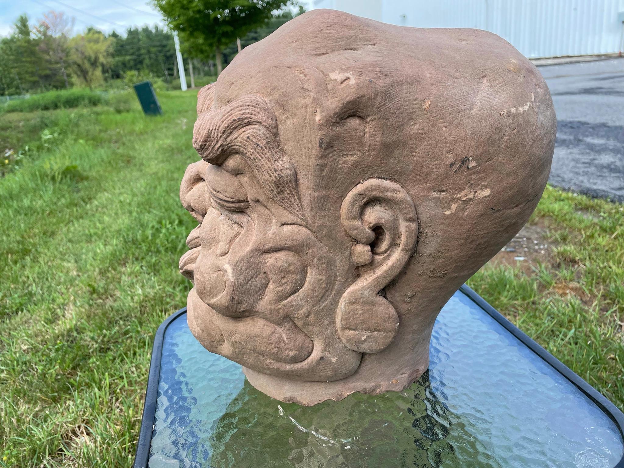 Sandstone Chinese Old Fantastic Contorted Face Monk Sculpture For Sale
