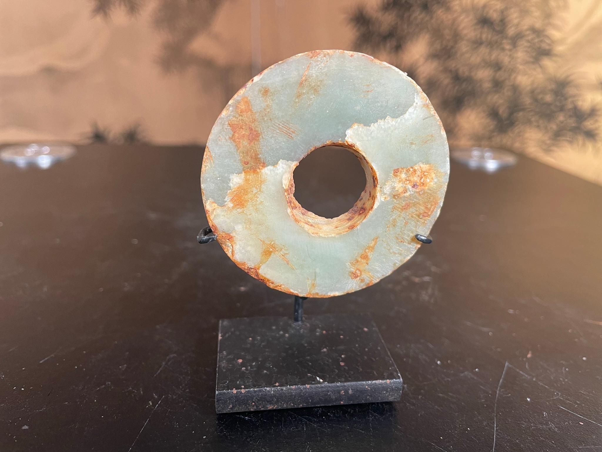 Qing Chinese Old Hand Carved Jade Bi Disc on Custom Stand For Sale
