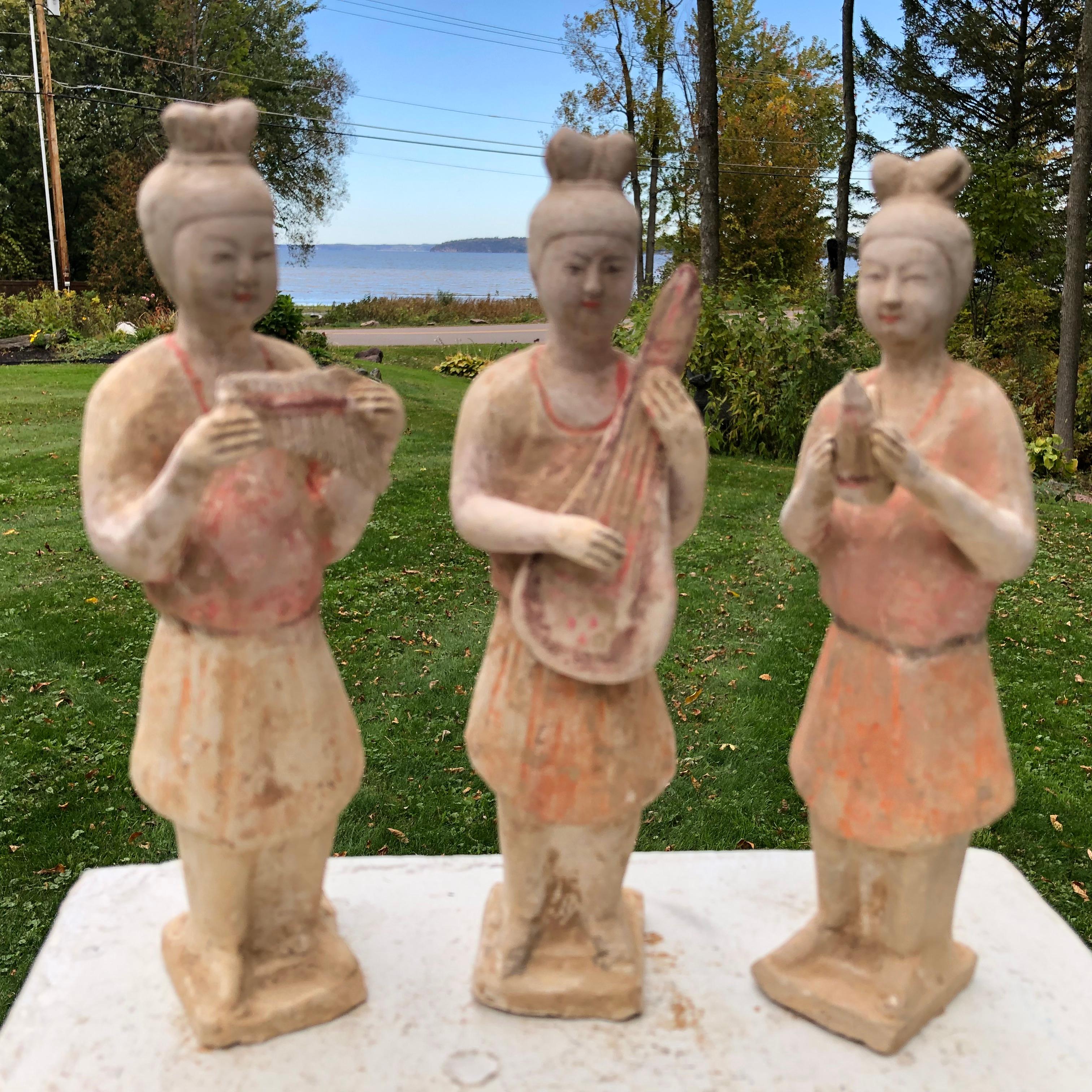 Chinese Old Painted Musicians Trio, Ancient Tang Dynasty Style In Good Condition In South Burlington, VT