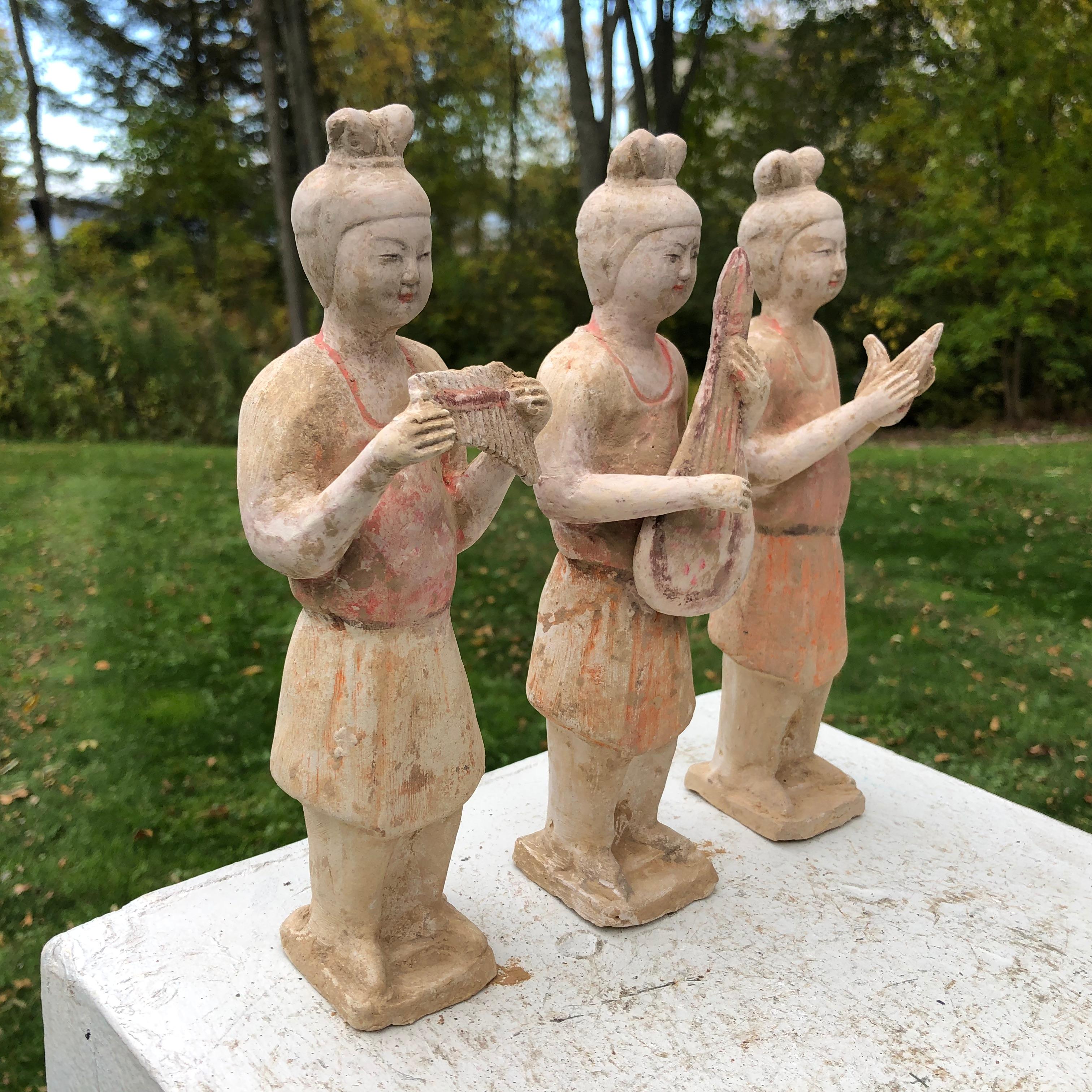 20th Century Chinese Old Painted Musicians Trio, Ancient Tang Dynasty Style