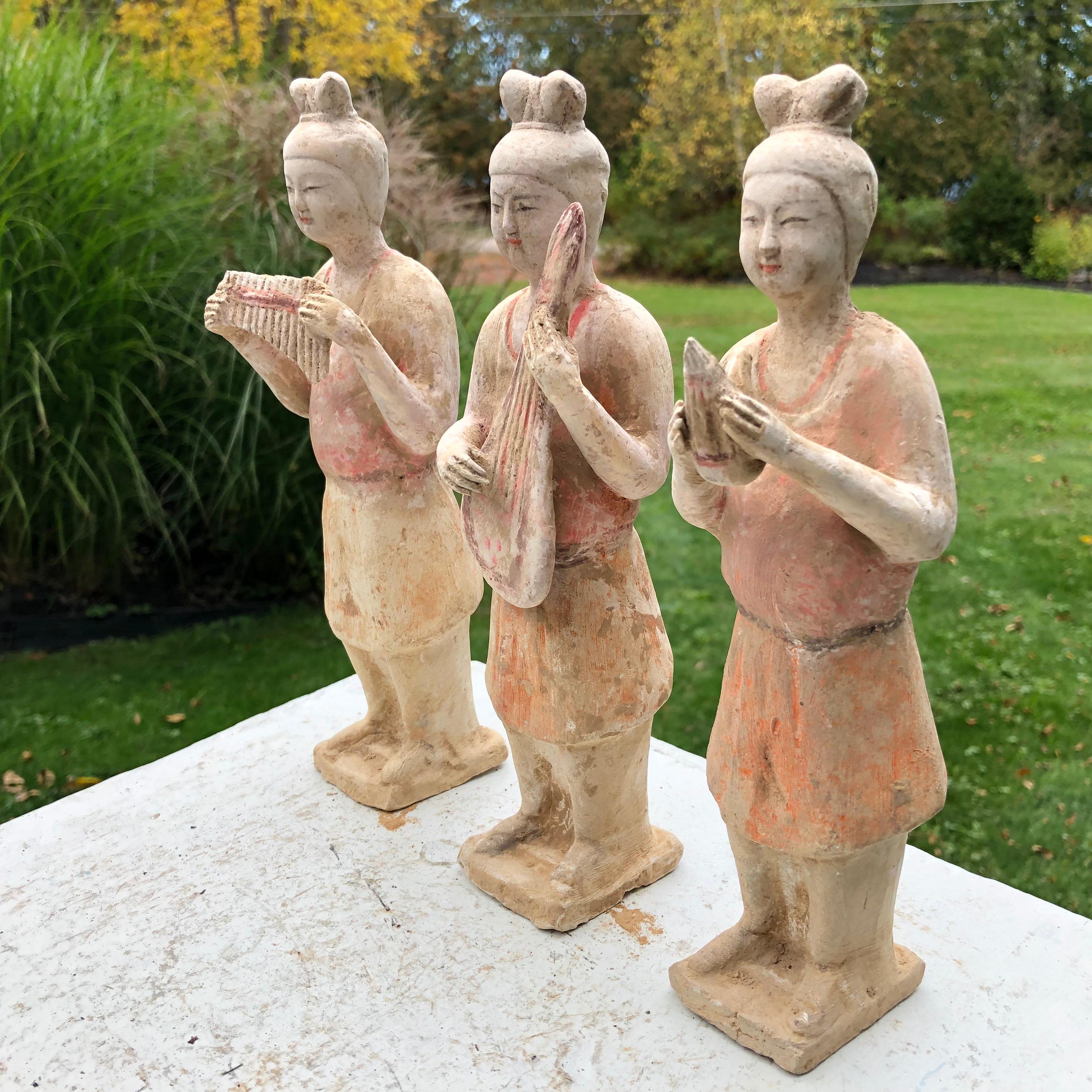 Terracotta Chinese Old Painted Musicians Trio, Ancient Tang Dynasty Style