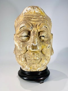 Chinese old sculture in wood polychrome ancestor's head secret box.