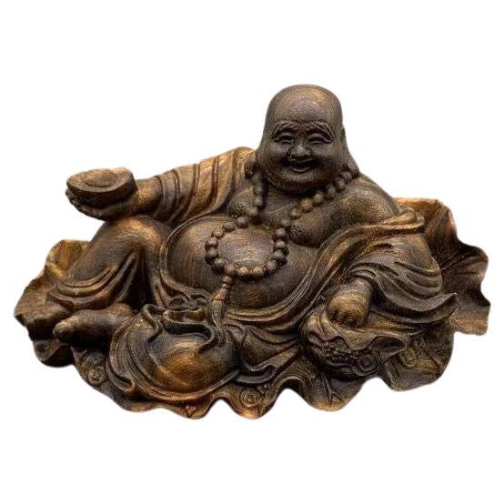 Chinese Old Wood Carving Reclining Maitreya Buddha with Gold and Lotus Leave