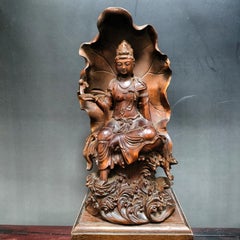 Chinese Old Wood Sitting on Lotus Buddha Statue