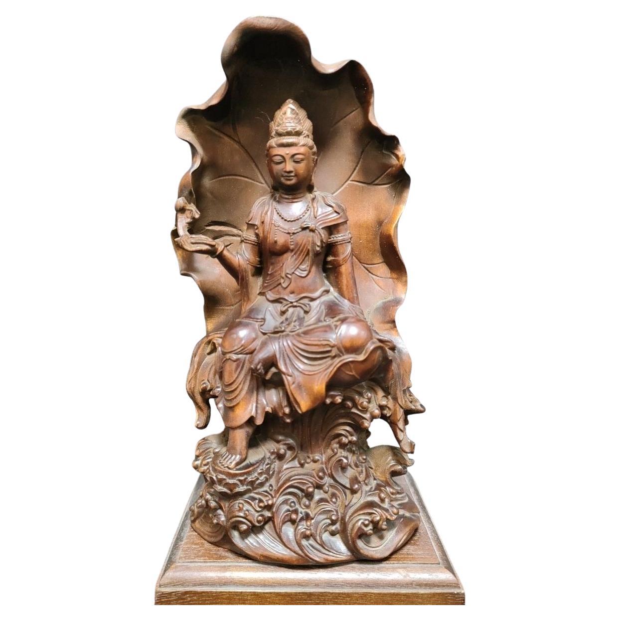 Chinese Old Wood Sitting on Lotus Buddha Statue For Sale