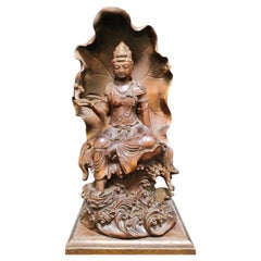 Antique Chinese Old Wood Sitting on Lotus Buddha Statue