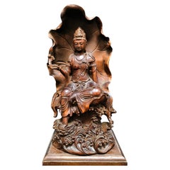 Antique Chinese Old Wood Sitting on Lotus Buddha Statue