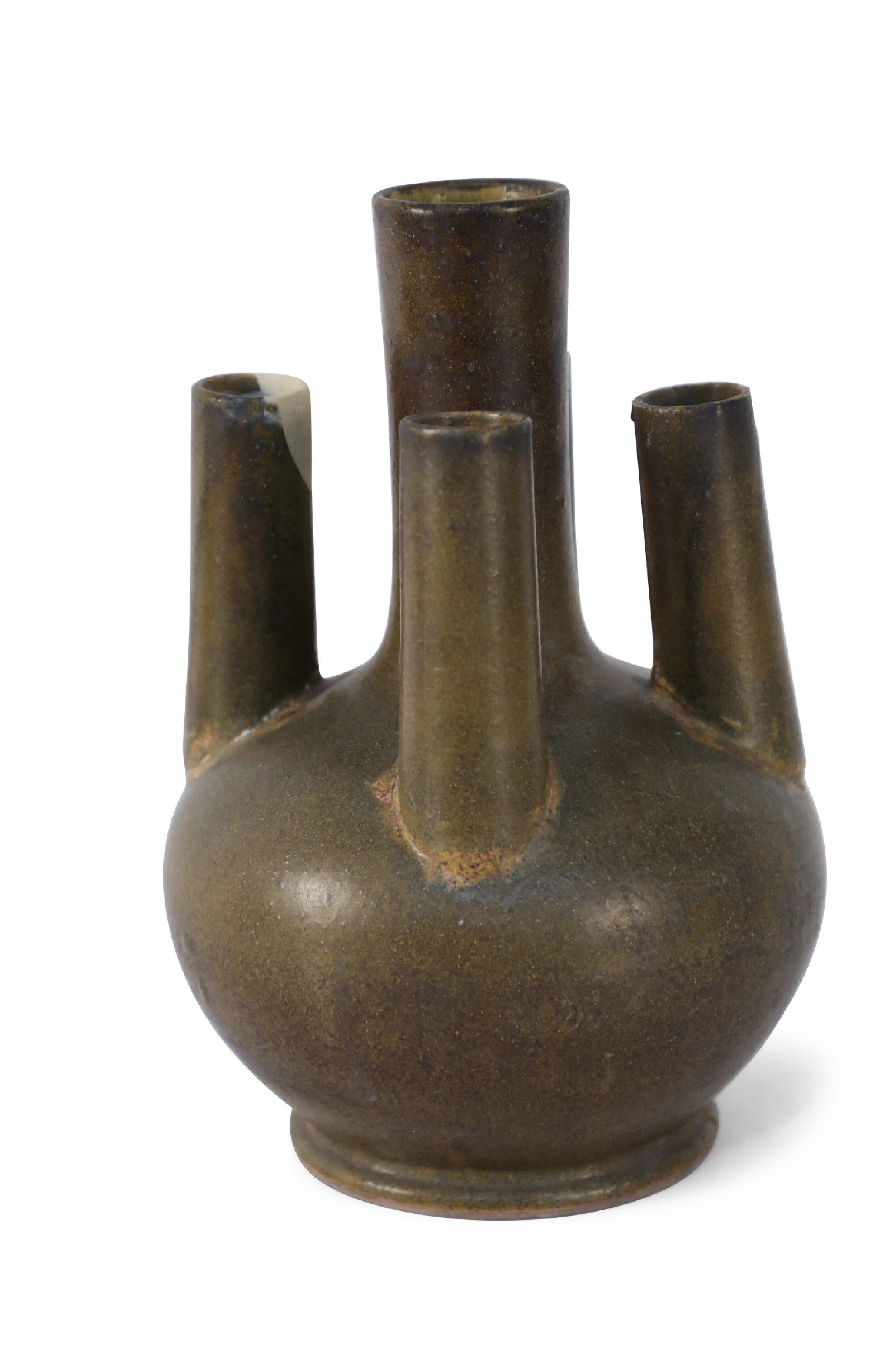 Chinese olive green and brown glaze porcelain vase with one tall tube surrounded by four shorter tubes, all extending from a bulbous shape, on a circular foot.
    