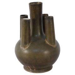Vase chinois en porcelaine multi tubes vert olive