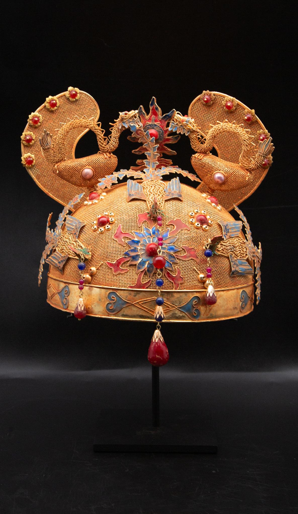 20th Century Chinese Opera Theatre Headdress, Ears, Dragons, Ruby
