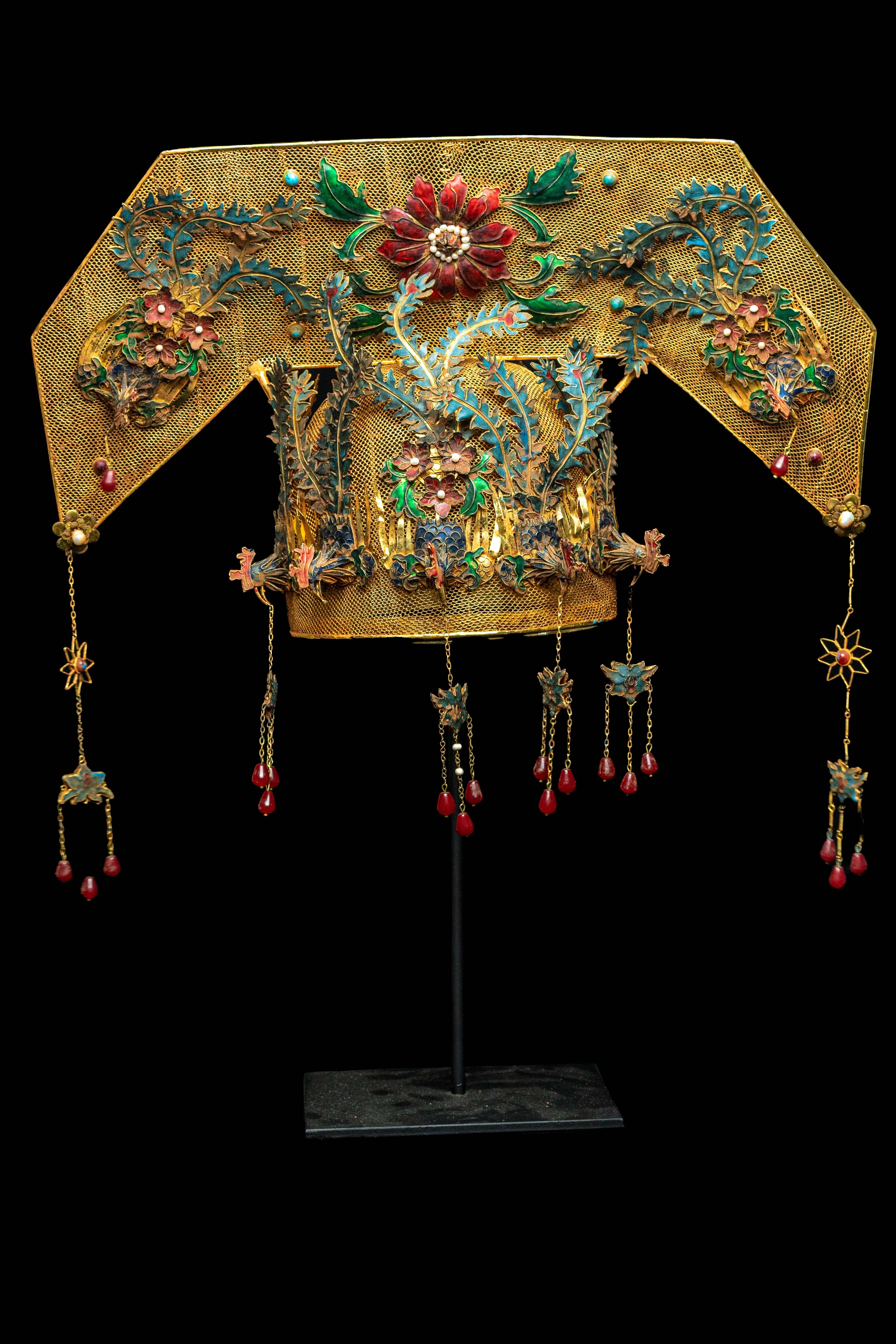 Chinese Opera Theatre Headdress, rose fan. Chinese opera theatre headdress in turquoise enamel with red ruby ornamentation, mid-20th century, mounted on a custom black painted metal base. 21.5