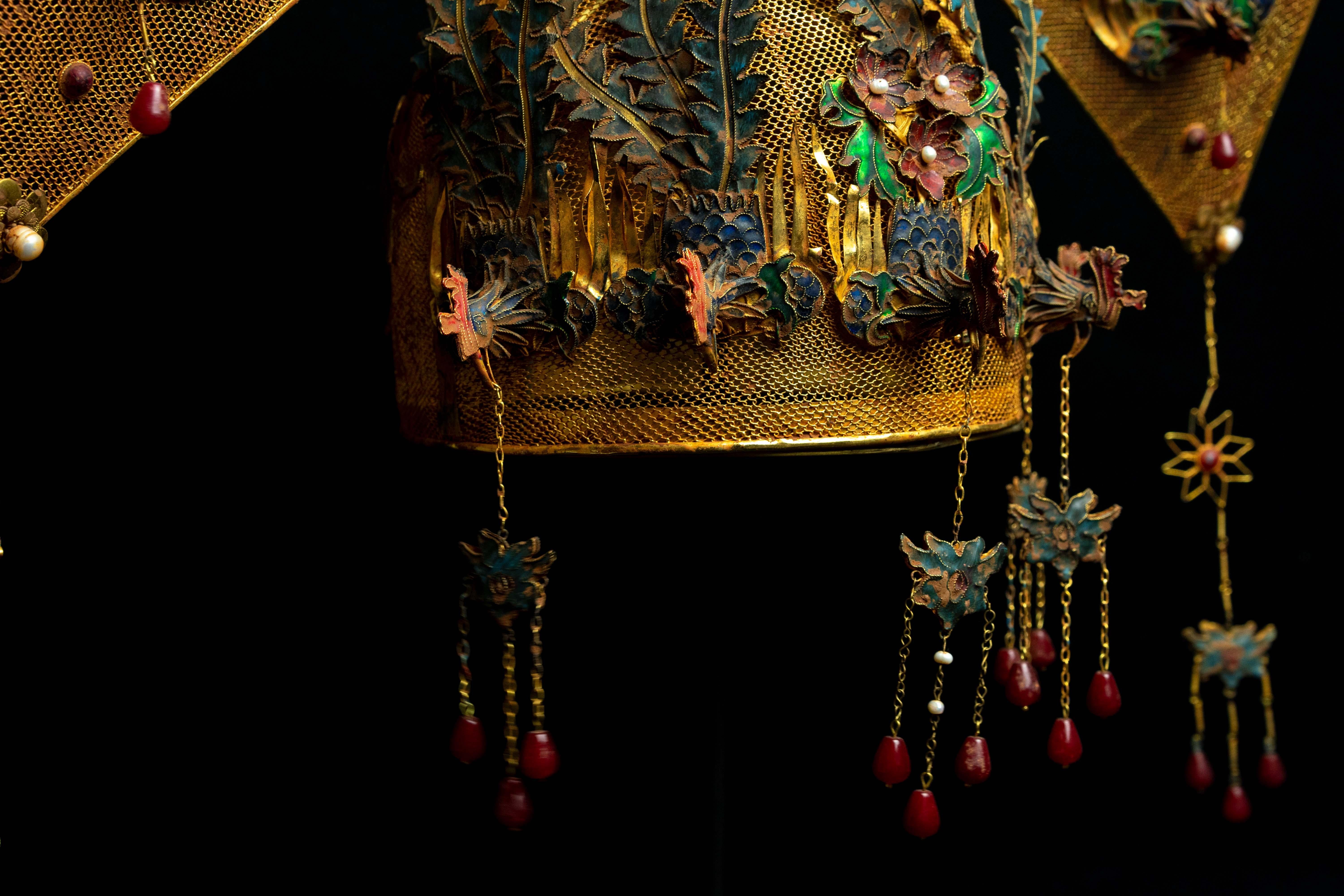 Gilt Chinese Opera Theatre Headdress, Rose Fan