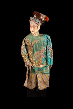 Chinese Opera Theatre Marionette, Green Silk Robe, Pink Pom Poms