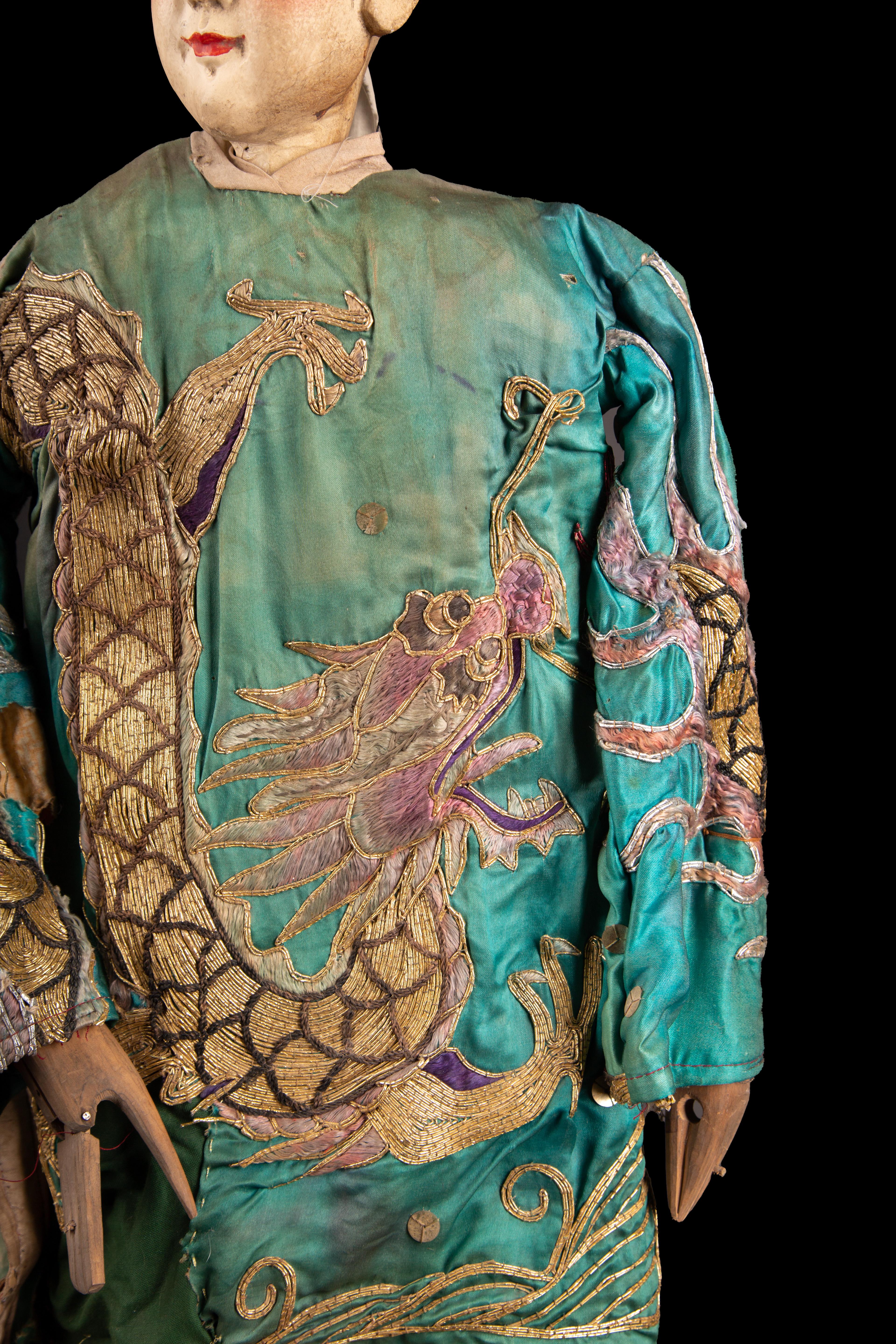 Chinese Opera Theatre Marionette, Green Silk Robe, Pink Pom Poms In Good Condition For Sale In New York, NY